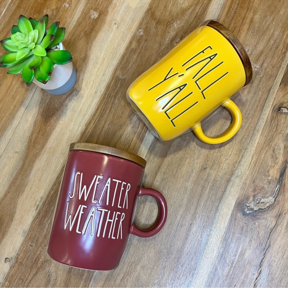 Rae Dunn Sweater Weather & Fall Y’all Cup Mug Set of 2 With Wood Cellar Lid